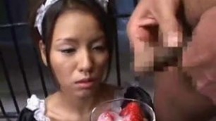 Japanese girl eats cum and strawbarries