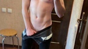 Horny Fit Guy Jerking Nice Cock in the Mirror